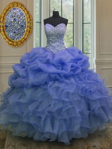 Blue Sweetheart Neckline Beading and Ruffles and Pick Ups Quinceanera Gowns Sleeveless Lace Up