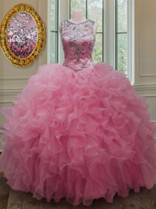 Scoop Sleeveless Floor Length Beading and Ruffles Lace Up Quinceanera Dresses with Rose Pink