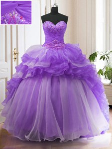 On Sale Ruffled With Train Ball Gowns Sleeveless Lavender Quinceanera Dress Sweep Train Lace Up