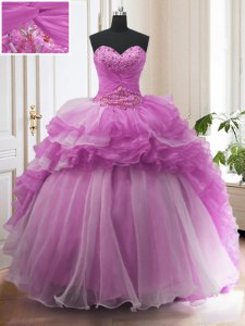 Charming Ruffled Sweep Train Ball Gowns 15th Birthday Dress Lilac Sweetheart Organza Sleeveless With Train Lace Up