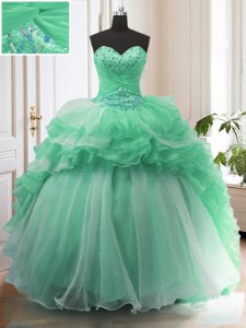 Glittering With Train Lace Up 15 Quinceanera Dress Apple Green for Military Ball and Sweet 16 and Quinceanera with Beading Sweep Train