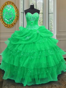 Green Halter Top Neckline Beading and Ruffled Layers and Pick Ups Quince Ball Gowns Sleeveless Lace Up