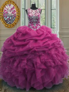 Fuchsia Scoop Neckline Beading and Ruffles and Pick Ups Sweet 16 Quinceanera Dress Sleeveless Lace Up