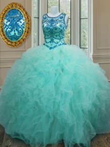 Scoop Floor Length Lace Up Quinceanera Gowns Turquoise for Military Ball and Sweet 16 and Quinceanera with Beading and Ruffles