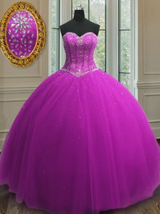 Purple Ball Gowns Beading and Sequins Sweet 16 Dresses Lace Up Tulle Sleeveless Floor Length