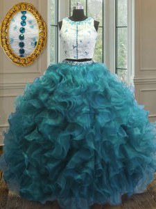 Simple Scoop Sleeveless Organza Floor Length Clasp Handle Quinceanera Dresses in Teal with Beading and Ruffles