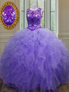 New Style Lavender Bateau Lace Up Beading and Ruffles Quince Ball Gowns Sleeveless