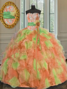 Glorious Multi-color Ball Gowns Beading and Ruffles and Sashes ribbons Sweet 16 Dress Lace Up Organza Sleeveless Floor Length
