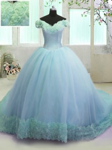 Hot Selling Off The Shoulder Sleeveless Court Train Lace Up Quinceanera Dresses Light Blue Organza
