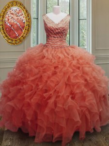 Sophisticated Orange Red Zipper V-neck Beading and Ruffles Quinceanera Dresses Organza Sleeveless