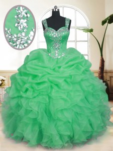 Sleeveless Organza Floor Length Zipper Quinceanera Gown in with Beading and Ruffles and Pick Ups