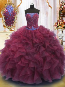 Inexpensive Floor Length Burgundy Quince Ball Gowns Strapless Sleeveless Lace Up