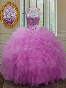 Chic Scoop Fuchsia Sleeveless Beading and Ruffles Floor Length Sweet 16 Quinceanera Dress