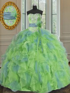 Pretty Multi-color Ball Gowns Beading and Appliques and Ruffles and Sashes ribbons and Hand Made Flower 15 Quinceanera Dress Lace Up Organza Sleeveless Floor Length