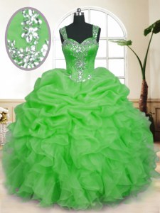 Exceptional Straps Sleeveless Quinceanera Gowns Floor Length Beading and Ruffles and Pick Ups Organza