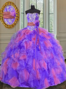 Discount Multi-color Ball Gowns Organza Sweetheart Sleeveless Beading and Appliques and Ruffles and Sashes ribbons and Hand Made Flower Floor Length Lace Up Sweet 16 Quinceanera Dress