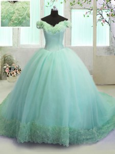Eye-catching Off the Shoulder Organza Sleeveless With Train Vestidos de Quinceanera Court Train and Hand Made Flower