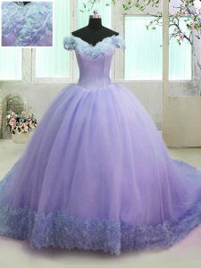 Off the Shoulder Short Sleeves Organza With Train Court Train Lace Up Sweet 16 Dress in Lavender with Hand Made Flower