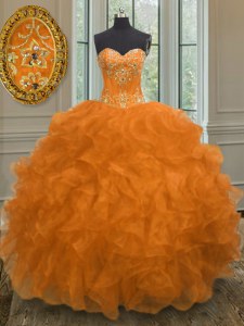 Orange Quinceanera Gowns Military Ball and Sweet 16 and Quinceanera and For with Beading and Embroidery and Ruffles Sweetheart Sleeveless Lace Up