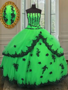 Green Ball Gowns Strapless Sleeveless Organza Floor Length Lace Up Beading and Embroidery Quinceanera Dresses