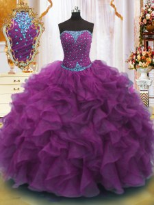 Strapless Sleeveless Lace Up 15th Birthday Dress Purple Organza