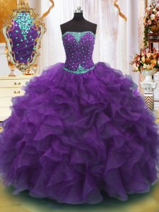 Inexpensive Purple Quinceanera Dresses Military Ball and Sweet 16 and Quinceanera and For with Beading and Ruffles Strapless Sleeveless Lace Up