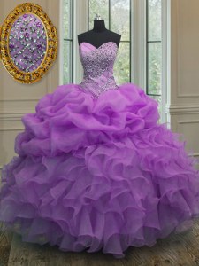 Floor Length Lavender Sweet 16 Dress Organza Sleeveless Beading and Ruffles and Pick Ups