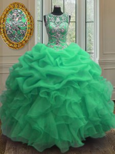 Scoop Green Lace Up Quinceanera Dresses Beading and Ruffles Sleeveless Floor Length