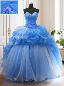 With Train Lace Up 15th Birthday Dress Blue for Military Ball and Sweet 16 and Quinceanera with Beading and Ruffled Layers Sweep Train