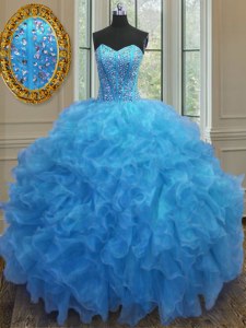 Baby Blue Sleeveless Organza Side Zipper 15th Birthday Dress for Military Ball and Sweet 16 and Quinceanera