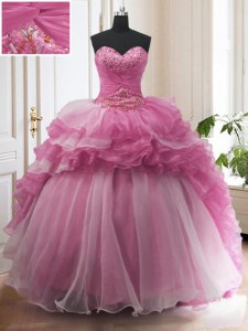 Deluxe Organza Sweetheart Sleeveless Sweep Train Lace Up Beading and Ruffled Layers Quinceanera Gowns in Rose Pink
