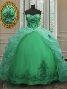 Fantastic With Train Green Quince Ball Gowns Organza Court Train Sleeveless Beading and Appliques and Pick Ups