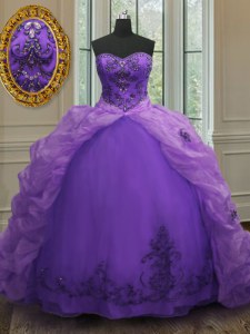 Captivating Purple Organza Lace Up Sweetheart Sleeveless With Train Sweet 16 Quinceanera Dress Court Train Beading and Appliques and Pick Ups