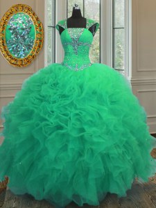 Straps Turquoise Cap Sleeves Beading and Ruffles and Sequins Floor Length Quinceanera Dresses