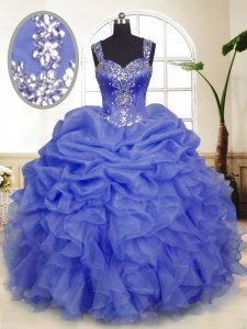 Floor Length Lavender Quinceanera Gown Organza Sleeveless Beading and Ruffles and Pick Ups