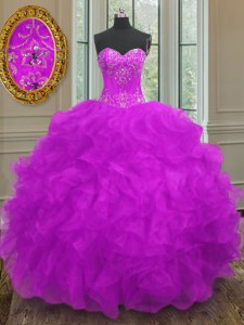 Latest Purple Ball Gowns Beading and Embroidery and Ruffles Quinceanera Gown Lace Up Organza Sleeveless Floor Length