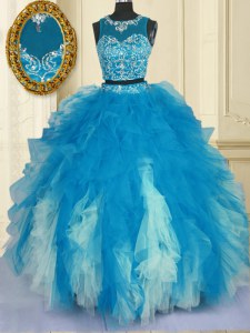 Enchanting Scoop Blue And White Sleeveless Beading and Ruffles Floor Length 15th Birthday Dress