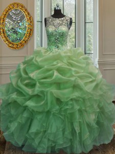 Top Selling Scoop Sleeveless Floor Length Beading and Ruffles and Pick Ups Lace Up Quince Ball Gowns with