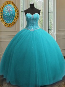 Glamorous Aqua Blue Sleeveless Beading Floor Length Ball Gown Prom Dress