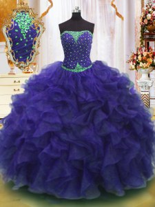 Latest Purple Sleeveless Organza Lace Up Sweet 16 Quinceanera Dress for Military Ball and Sweet 16 and Quinceanera