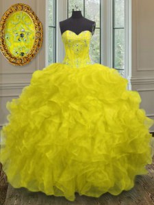 Yellow Sleeveless Organza Lace Up Quinceanera Dresses for Military Ball and Sweet 16 and Quinceanera