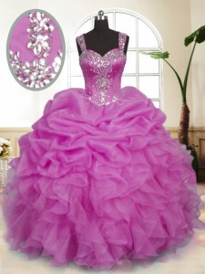 Lilac Ball Gowns Beading and Ruffles and Pick Ups Quinceanera Gown Zipper Organza Sleeveless Floor Length