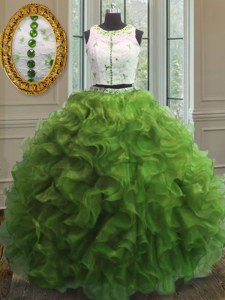 Glorious Green Ball Gowns Scoop Sleeveless Organza Floor Length Clasp Handle Appliques and Ruffles 15 Quinceanera Dress