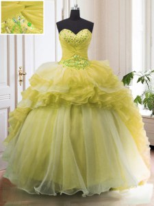 With Train Light Yellow Quinceanera Gowns Organza Court Train Sleeveless Beading and Ruffled Layers