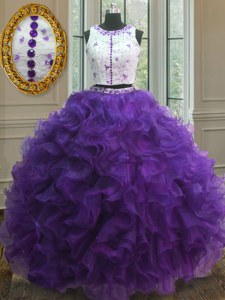Fine Scoop Purple Sleeveless Organza Clasp Handle Sweet 16 Quinceanera Dress for Military Ball and Sweet 16 and Quinceanera