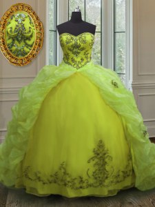 Yellow Green Ball Gowns Organza Sweetheart Sleeveless Beading and Appliques and Pick Ups With Train Lace Up Ball Gown Prom Dress Court Train