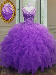 Sophisticated Sleeveless Organza Floor Length Zipper Sweet 16 Dress in Purple with Beading and Ruffles