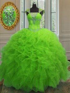 Chic Sequins Ball Gowns Quinceanera Gown Straps Organza Cap Sleeves Floor Length Lace Up