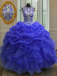 New Style Royal Blue Organza Lace Up Scoop Sleeveless Floor Length Quinceanera Dress Beading and Ruffles