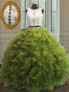 Clasp Handle Scoop Sleeveless Quince Ball Gowns Floor Length Appliques and Ruffles Olive Green Organza